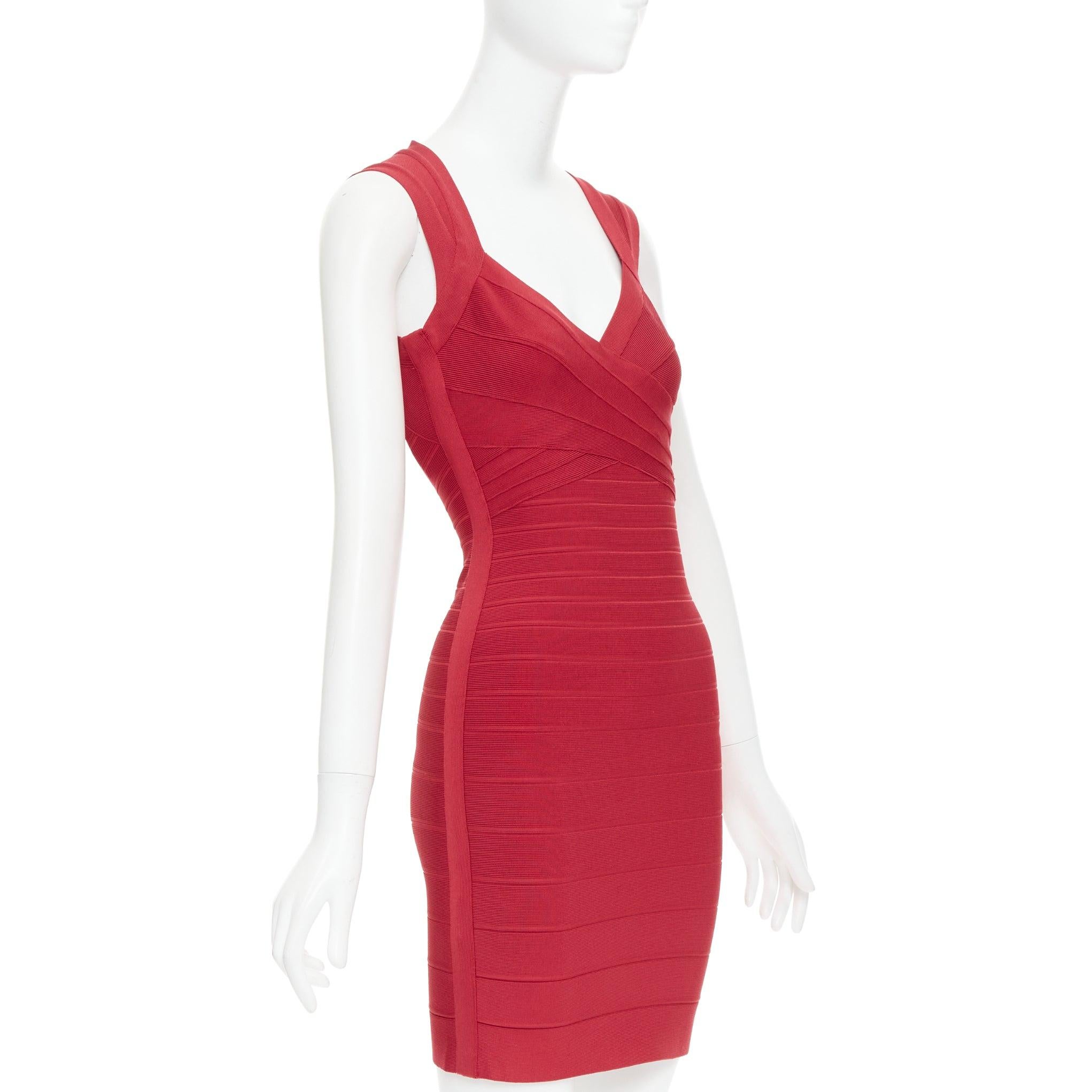 Red HERVE LEGER lipstick red sweetheart cut out bodycon bandage dress S