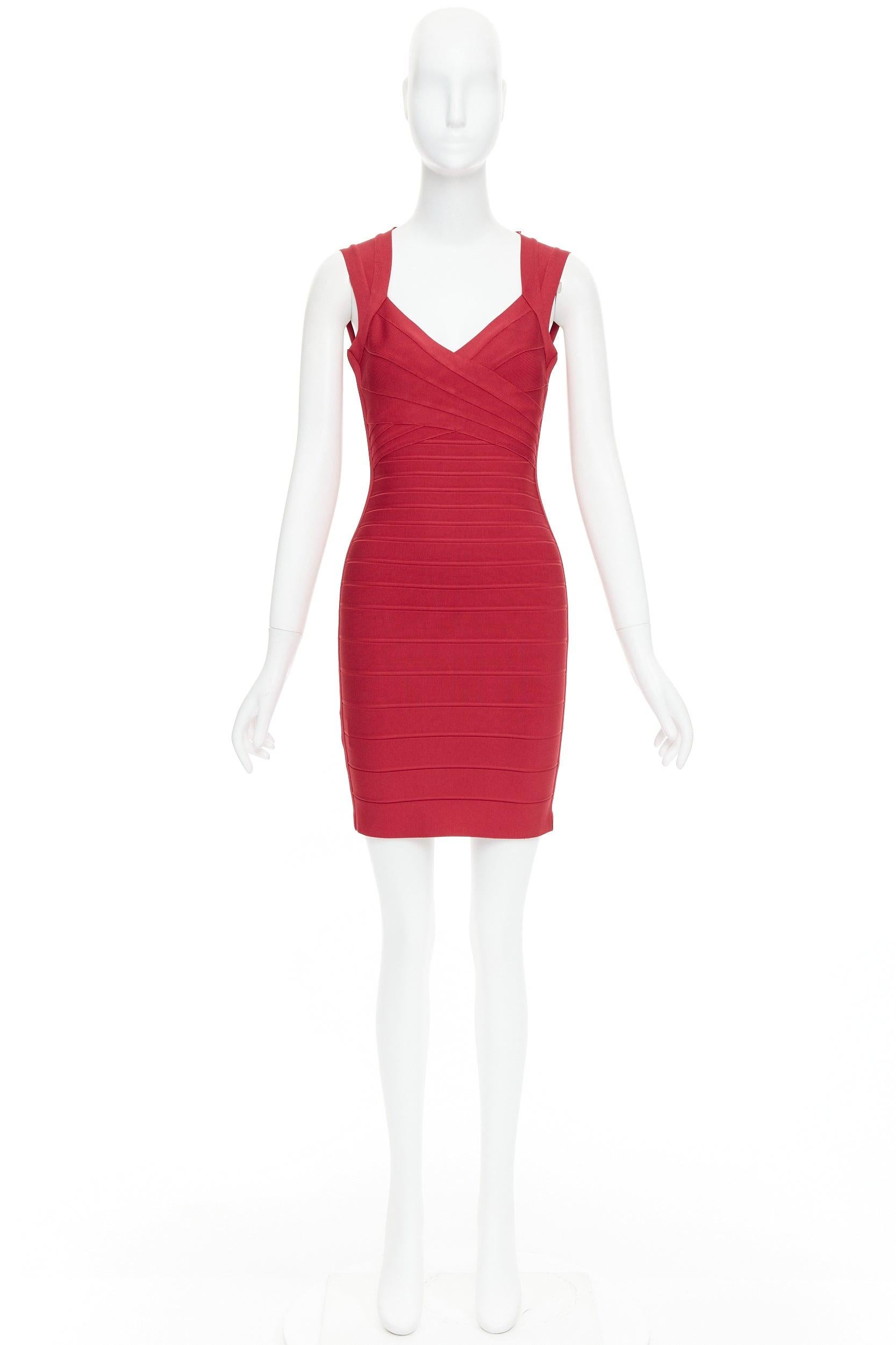 HERVE LEGER lipstick red sweetheart cut out bodycon bandage dress S 4