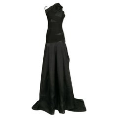 Hervé Léger Long Black Dress with Elastic Bands and Organza Train