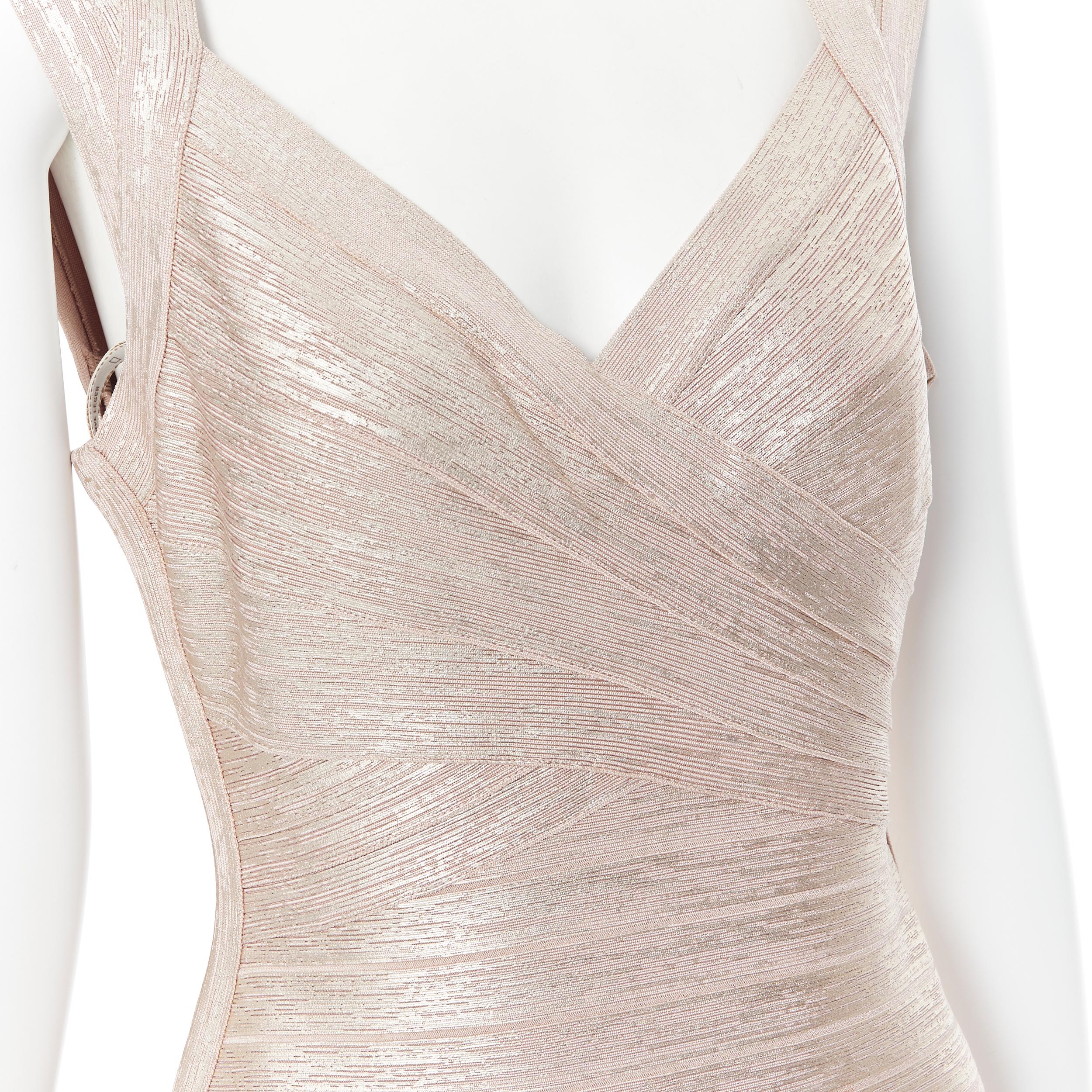 HERVE LEGER Max Azria rose gold shimmer bandage bodycon stretch dress M In Excellent Condition In Hong Kong, NT