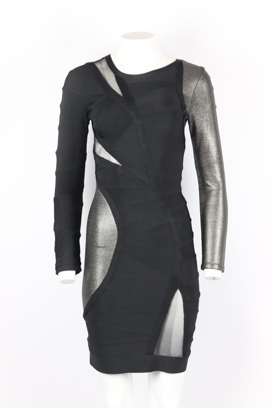 Herve Leger mesh paneled bandage mini dress. Black and silver. Long sleeve, crewneck. Zip fastening at back. 90% Rayon, 9% nylon, 1% spandex; fabric2: 65% rayon, 30% nylon, 5% spandex. Size: Small (UK 8, US 4, FR 36, IT 40). Bust: 31 in. Waist: 24