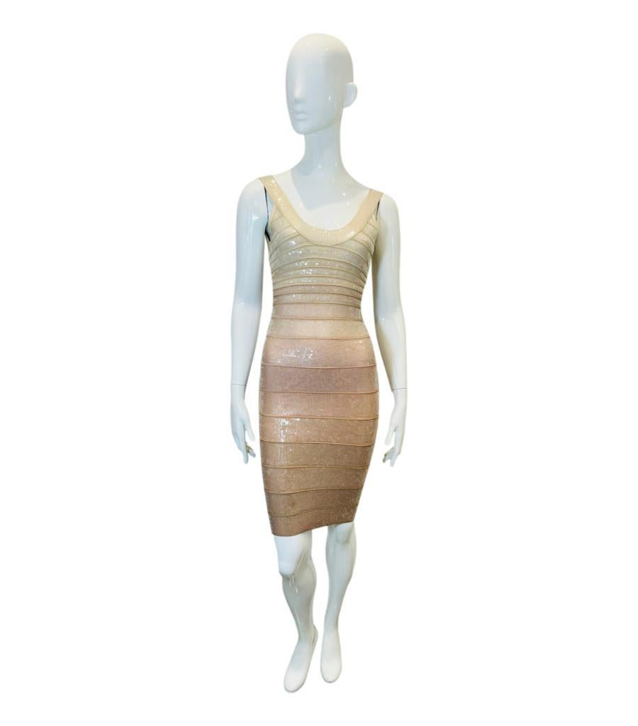 Herve Leger Metallic Bandage Dress
Champagne rose mini 'Ebba' sleeveless dress designed with metallic ombre effect.
Featuring bodycon fit, V-Neckline and open back.
Size – XS
Condition – Very Good
Composition – 90% Rayon, 9% Nylon, 1% Spandex
