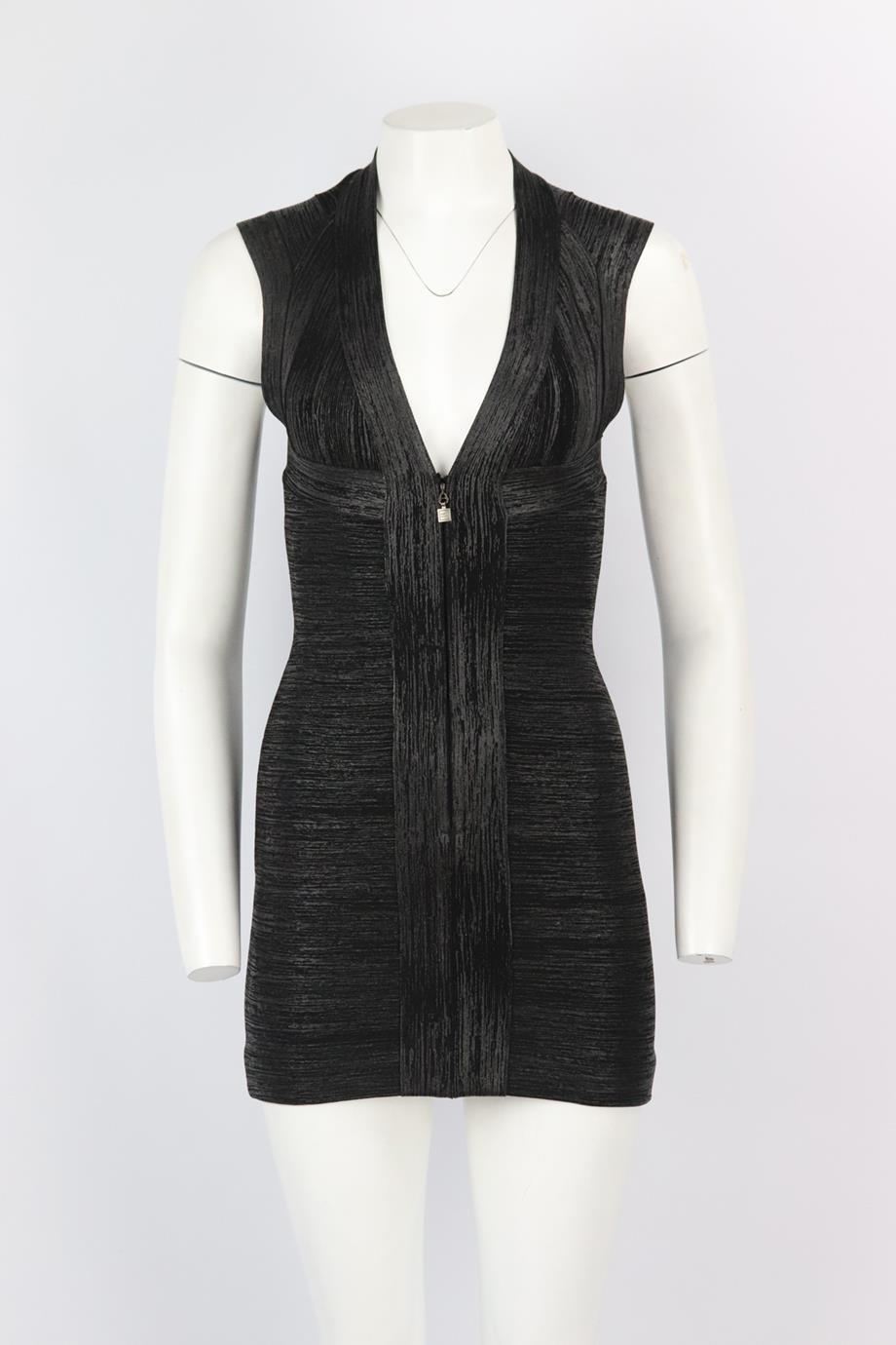 Herve Leger metallic bandage mini dress. Grey and black. Sleeveless, v-neck. Zip fastening at front. Size: XSmall (UK 6, US 2, FR 34, IT 38). Bust: 28 in. Waist: 22.4 in. Hips: 29 in. Length: 30.5 in. Very good condition - No sign of wear; see