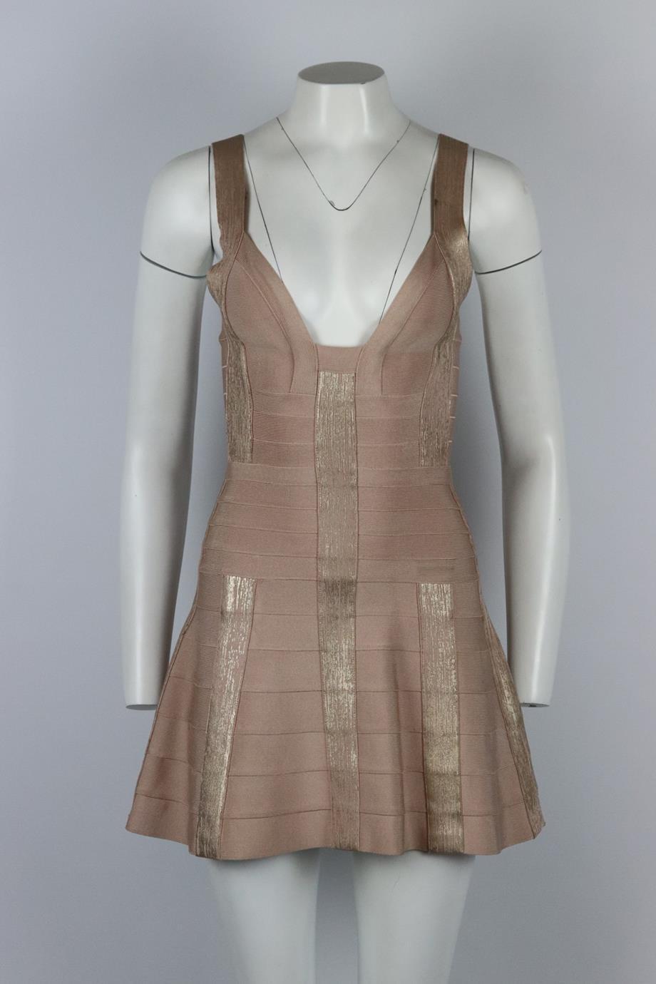 Herve Leger metallic bandage mini dress. Rose-gold and pink. Sleeveless, sweetheart neckline. Zip fastening at back. 90% Rayon, 9% nylon, 1% spandex. Size: XSmall (UK 6, US 2, FR 34, IT 38). Bust: 27.2 in. Waist: 21.8 in. Hips: 42 in. Length: 31.75