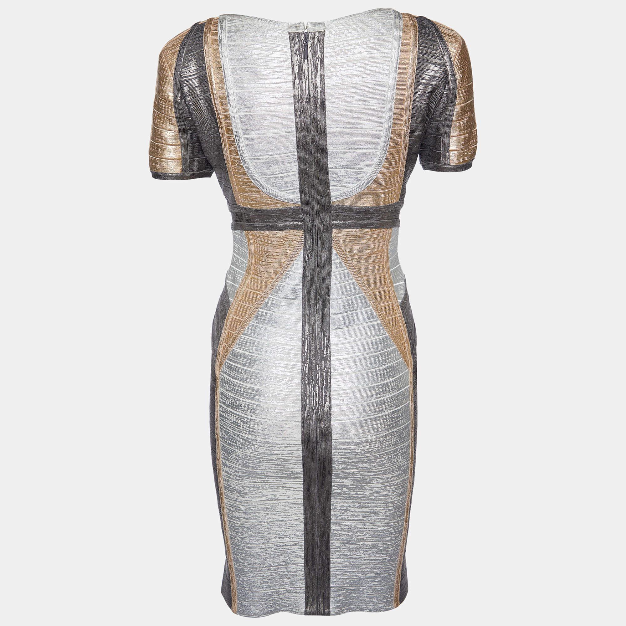 The Herve Leger dress exudes sophistication and allure. Crafted from premium fabric it clings to the bodys curves flawlessly highlighting feminine silhouettes. The metallic foil design and flattering length add a touch of elegance making it a