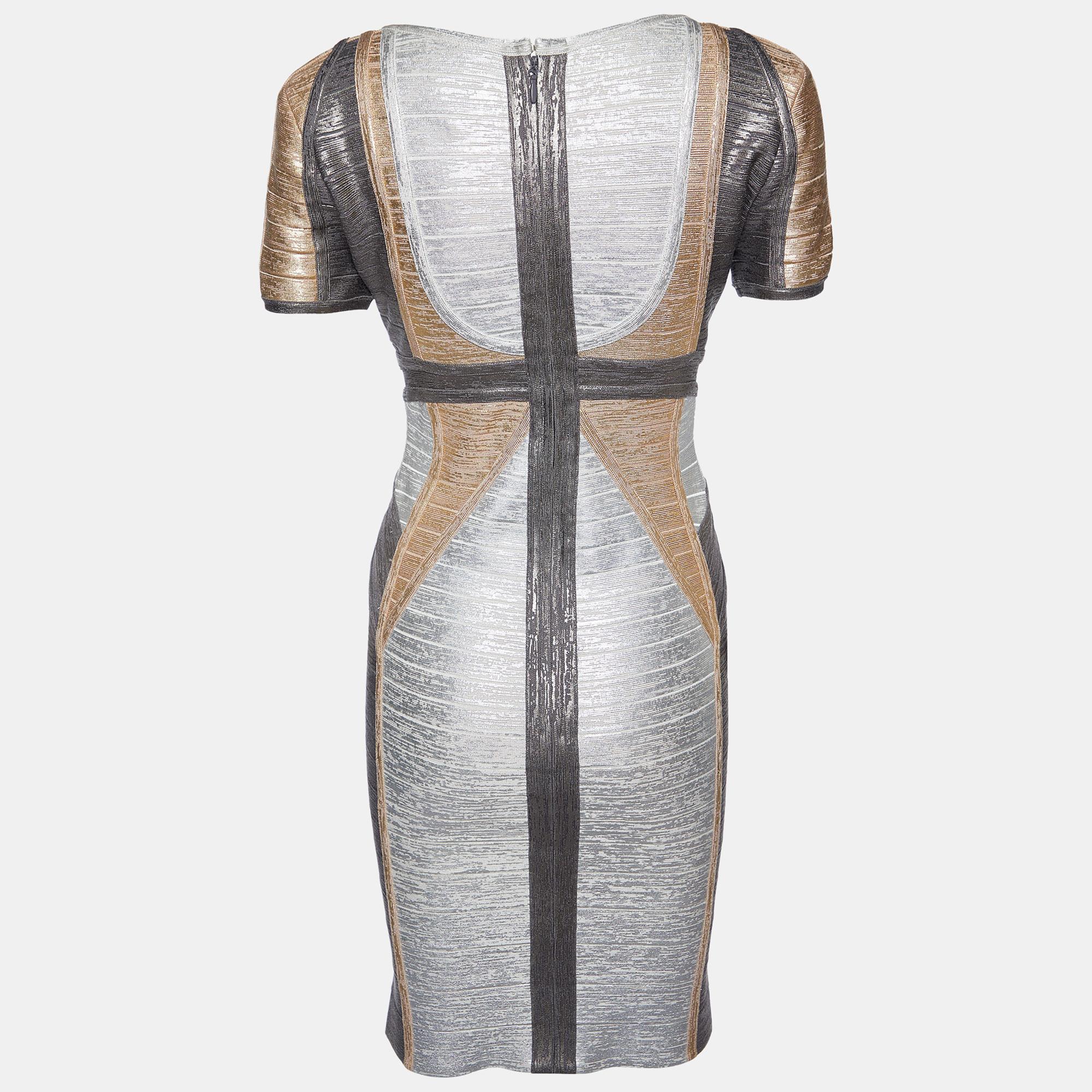 The Herve Leger dress exudes sophistication and allure. Crafted from premium fabric, it clings to the body's curves flawlessly, highlighting feminine silhouettes. The metallic foil design and flattering length add a touch of elegance, making it a