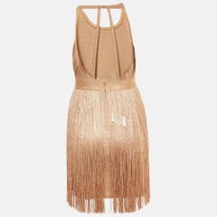 Herve Leger Mini abito con frange in maglia oro rosa metallizzato XS