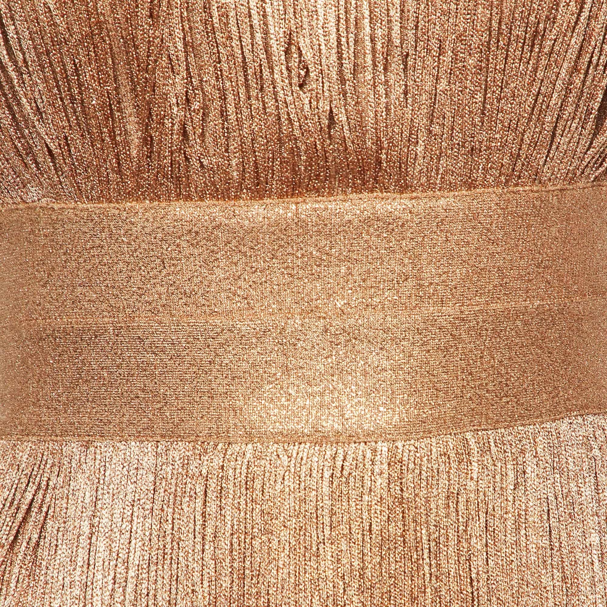 Herve Leger Metallic Rose Gold Knit Fringed Mini Dress XS In Good Condition In Dubai, Al Qouz 2