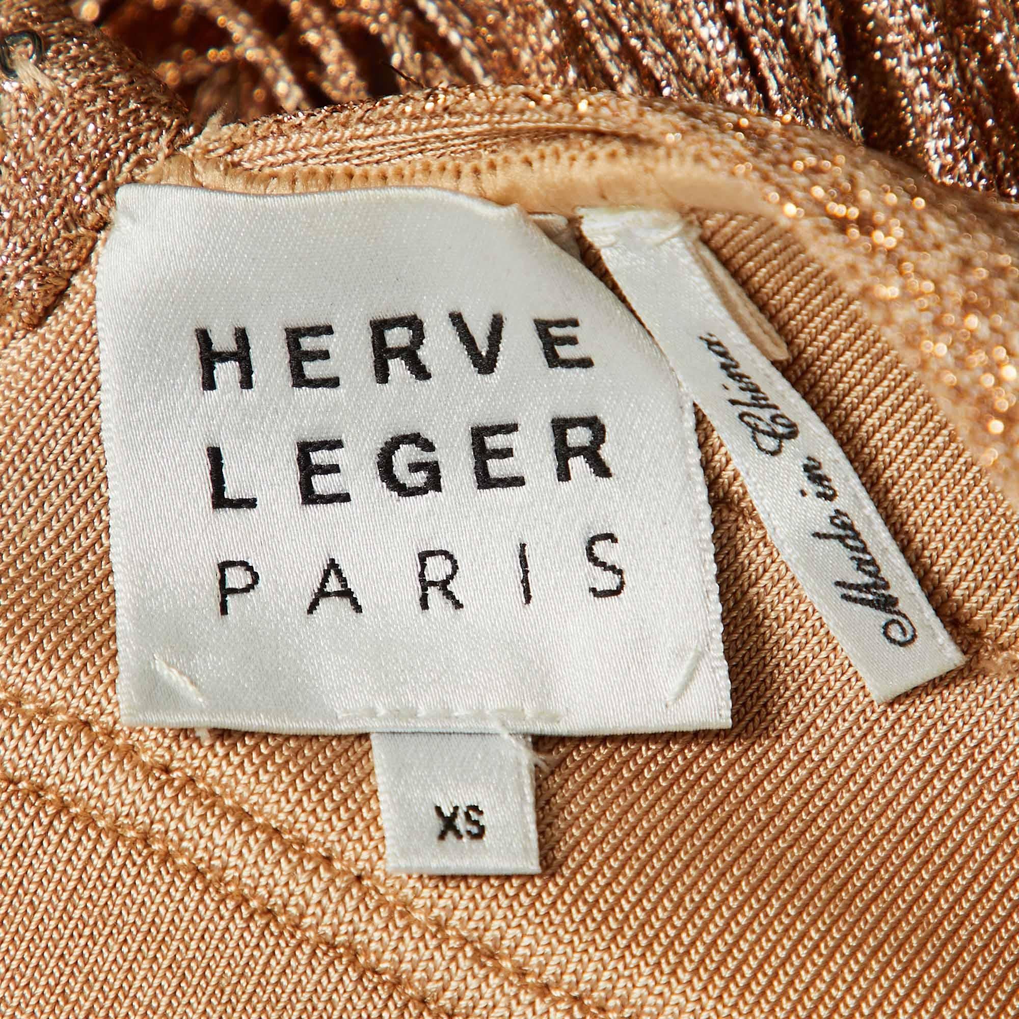 Women's Herve Leger Metallic Rose Gold Knit Fringed Mini Dress XS