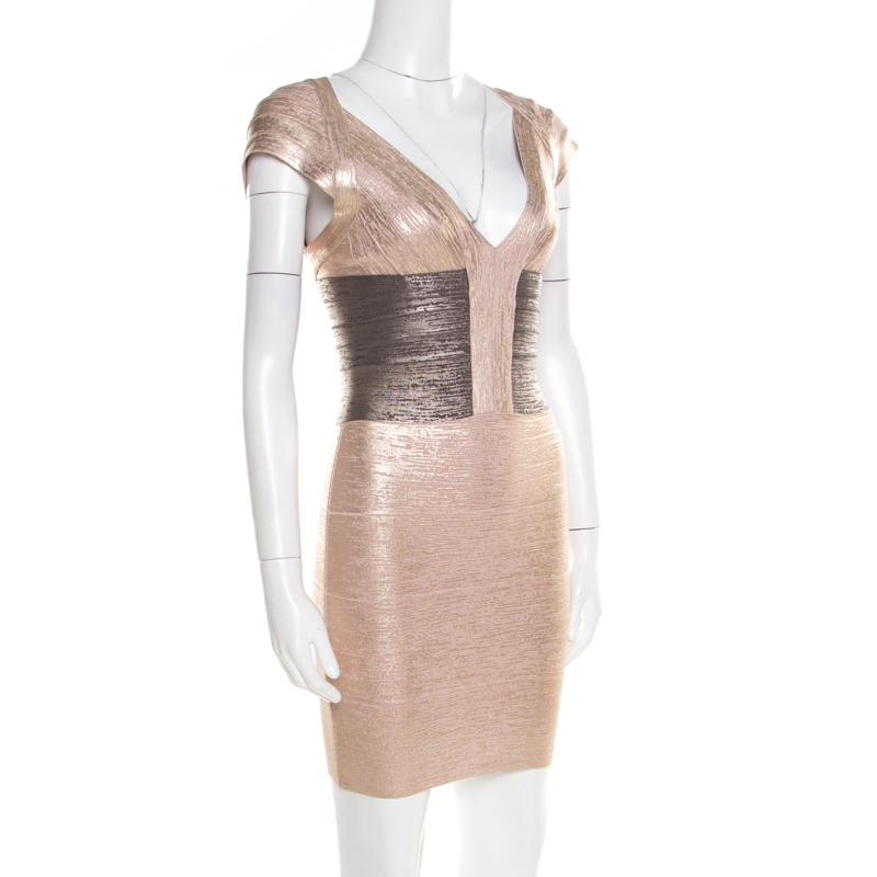 The flattering dress by Herve Leger is a perfect piece to flaunt on a great evening. Tailored from quality blended fabric, this dress exudes a fuss-free, effortless style. This Melena bandage dress looks exquisite in a metallic rose gold shade.