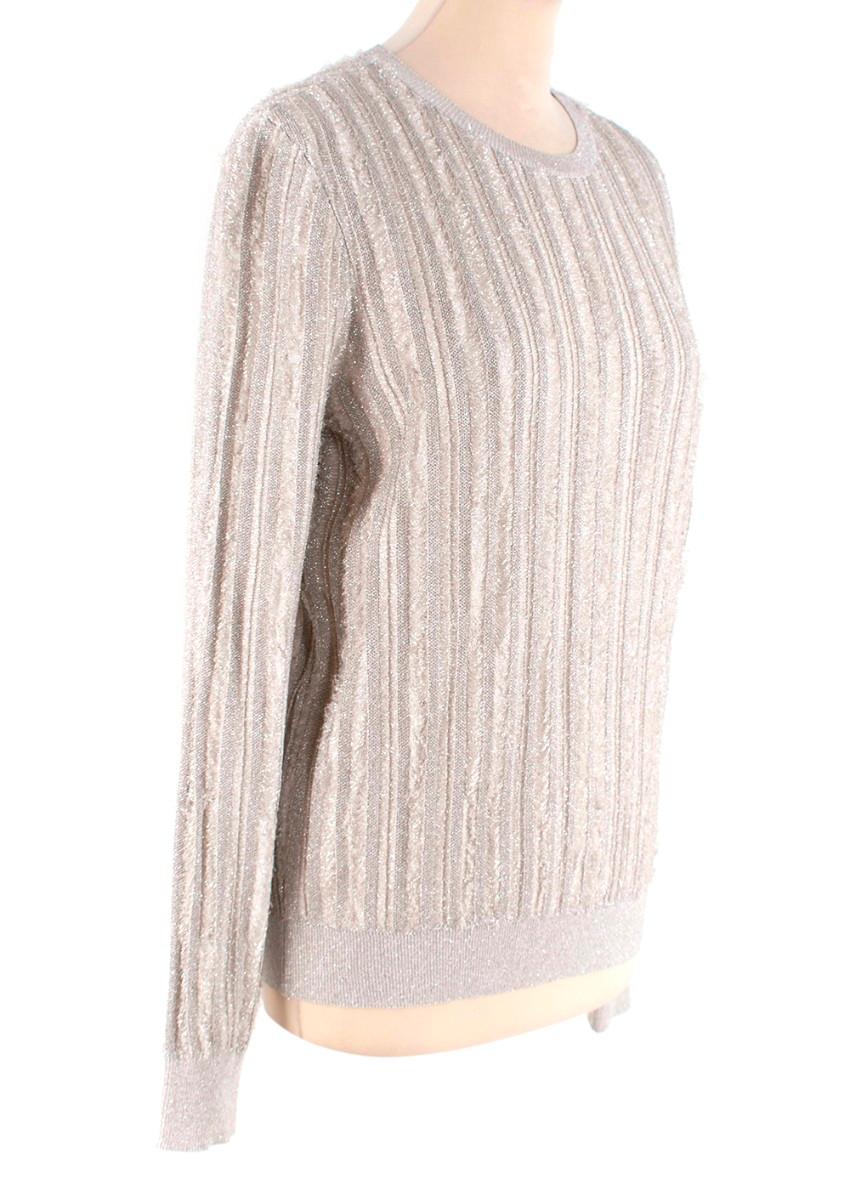Herve Leger Metallic Silver Textured Ribbed Sweater

- Fine ribbed knit, featuring metallic silver lurex thread on a white background
- Allover horizontal rib with tufted frayed edge
- Round neckline
- Elasticated ribbed hem and cuffs
- Slim fitting