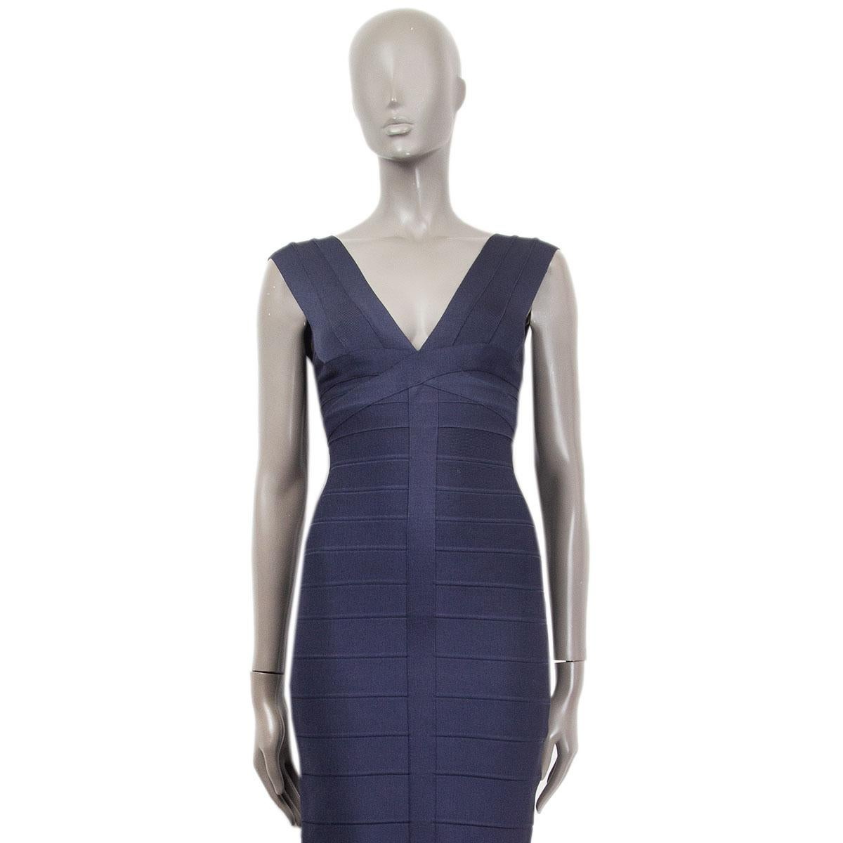 100% authentic Herve Leger sleeveless bandage cocktail dress in midnight-blue rayon (90%), nylon (9%) and elastane (1%) with a deep V-neck. Closes with one hook and a concealed zipper on the back. Unlined. Has been worn and is in excellent