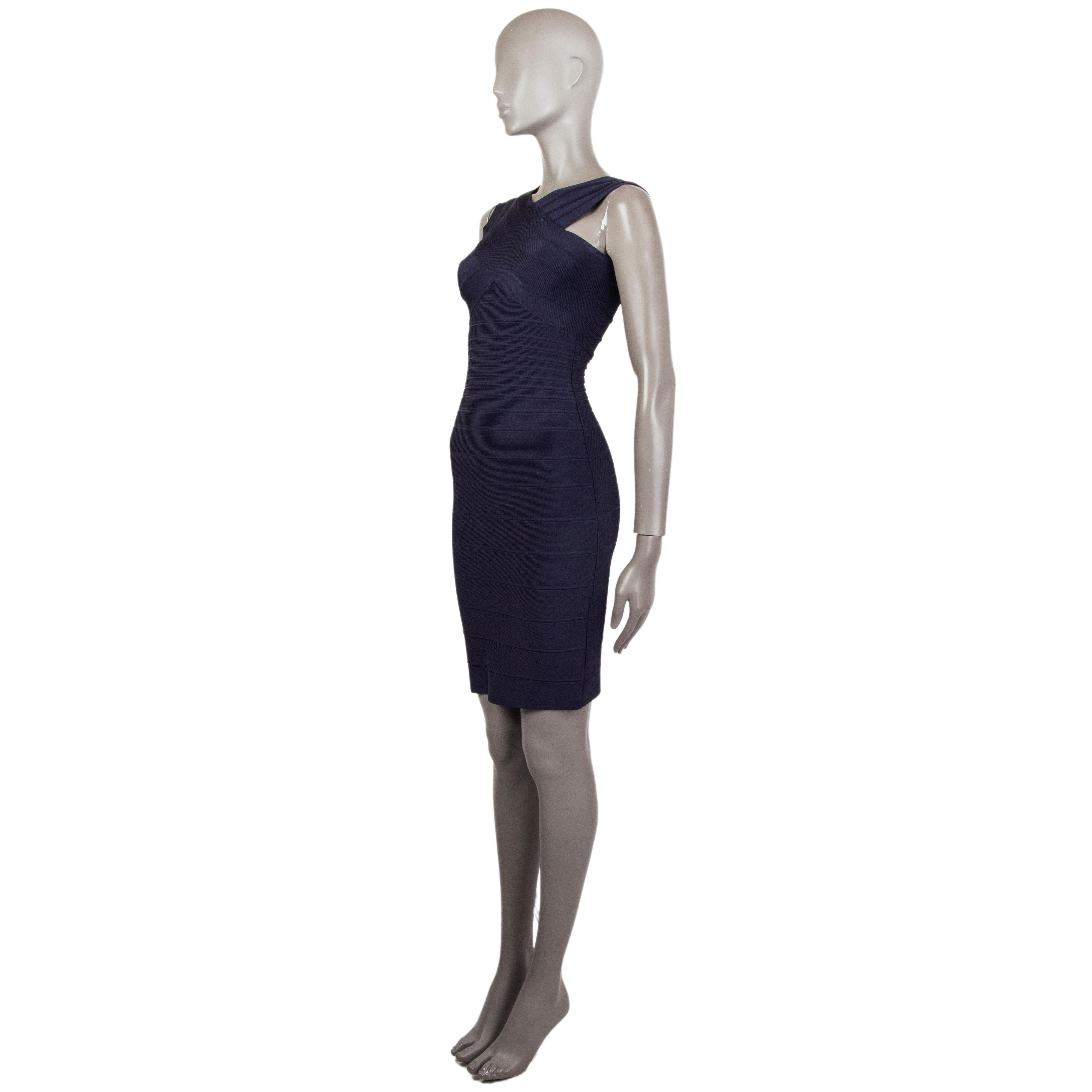 100% authentic Herve Leger 'Stella' sleeveless bandage dress in midnight-blue rayon (90%), nylon (9%) and elastane (1%) with a v-neck. Closes on the back with a concealed zipper. Unlined. Has been worn and is in excellent condition.