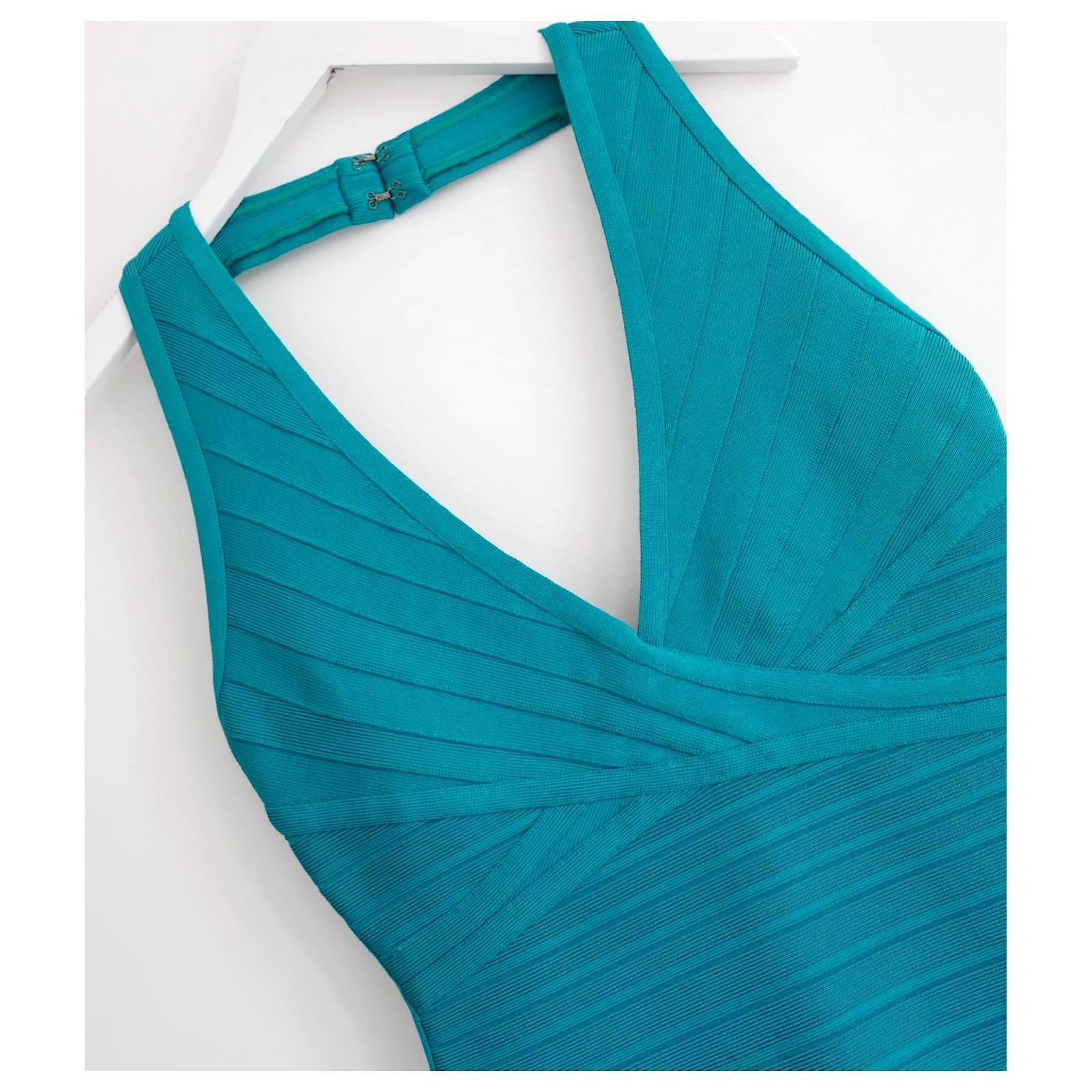 Super sexy Herve Leger Nadya Kleid - gekauft für £1125 und neu mit Etiketten. Hergestellt aus dem für Leger typischen, super dehnbaren, dicken Viskose-Mix in einem wunderschönen Farbton von Emerald Teal. Es hat eine superschmeichelhafte