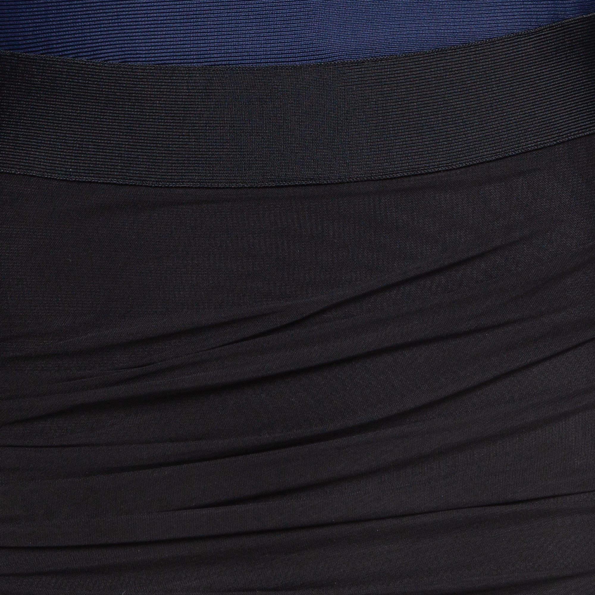 Herve Leger Navy Blue/Black Mesh Trim Knit Ruched Bandage Dress L For Sale 3