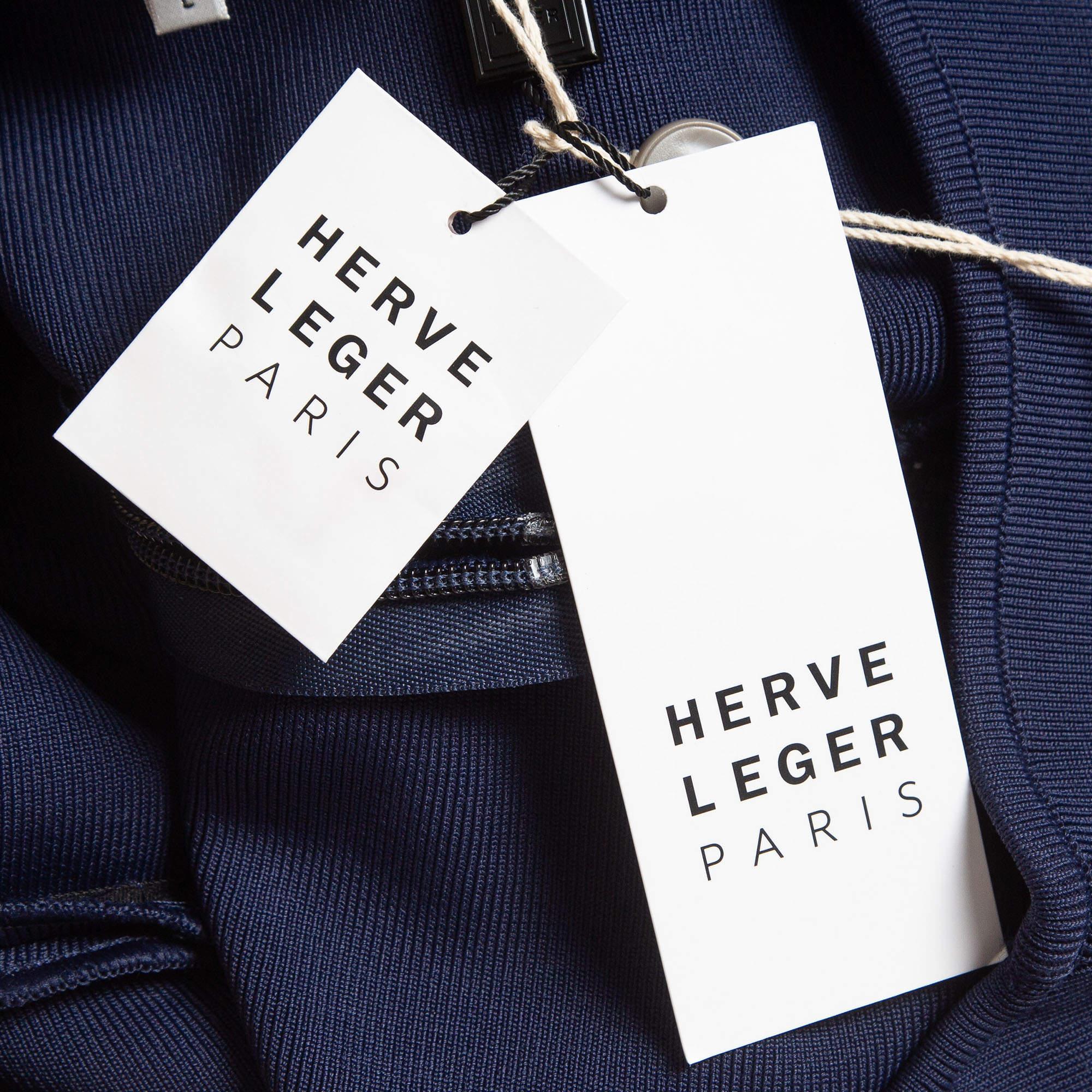 Herve Leger Navy Blue/Black Mesh Trim Knit Ruched Bandage Dress L For Sale 4