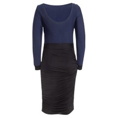 Herve Leger Navy Blue/Black Mesh Trim Knit Ruched Bandage Dress L