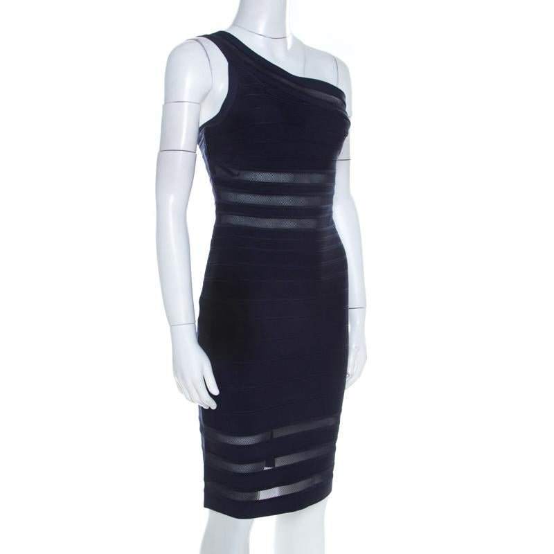 Lovely, isn't it? This dress by Herve Ledger is so beautiful, you'll look stylish every time you slip into it. Flaunting a one shoulder design along with the signature bandage strips and mesh inserts, the dress will give you a fabulous fit. All you