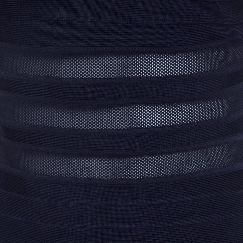 Herve Leger Navy Blue Knit and Mesh Insert One Shoulder Lara Bandage Dress M In New Condition In Dubai, Al Qouz 2