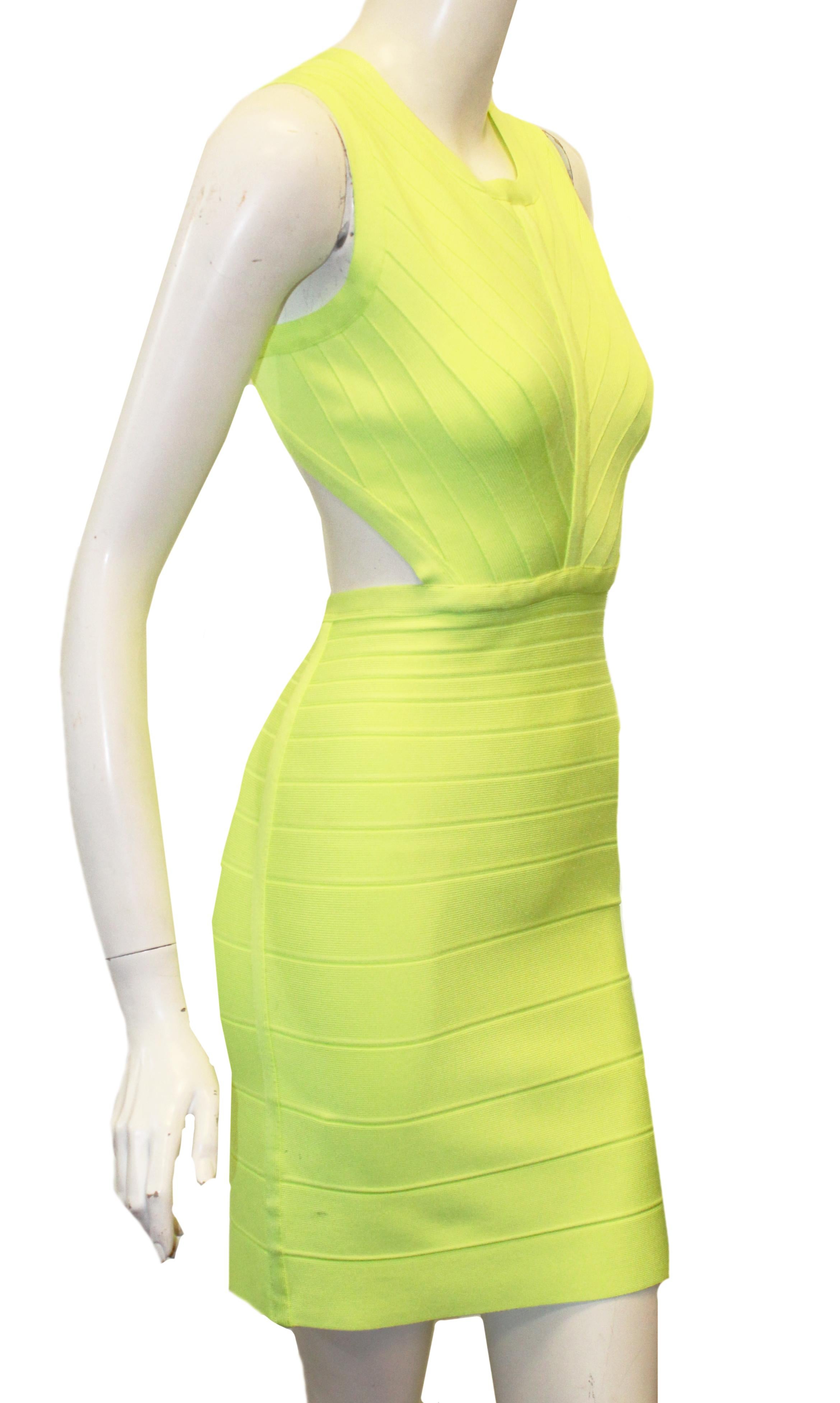 Herve Leger neon green bandage dress contains cut out from the back to the front and from the neck to the waist.  This mini stretchy fabric dress has open back only fasten at the back by hook at neckline.  The dress has, for closure, a small zipper