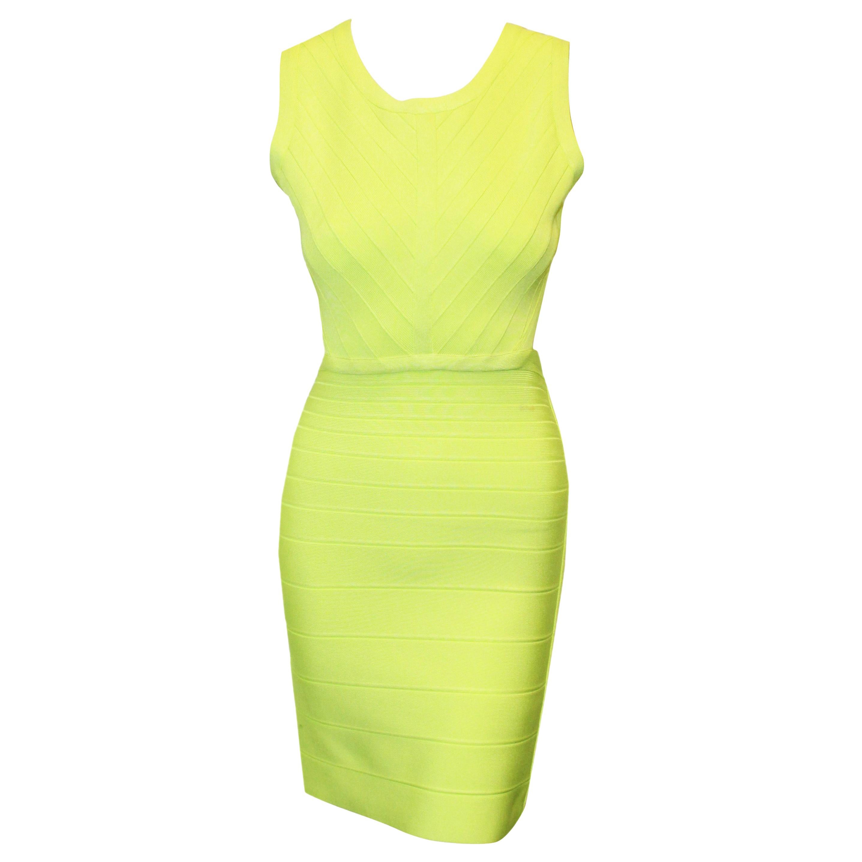 Herve Leger Neon Green Bandage Cut Out Dress Size Medium For Sale