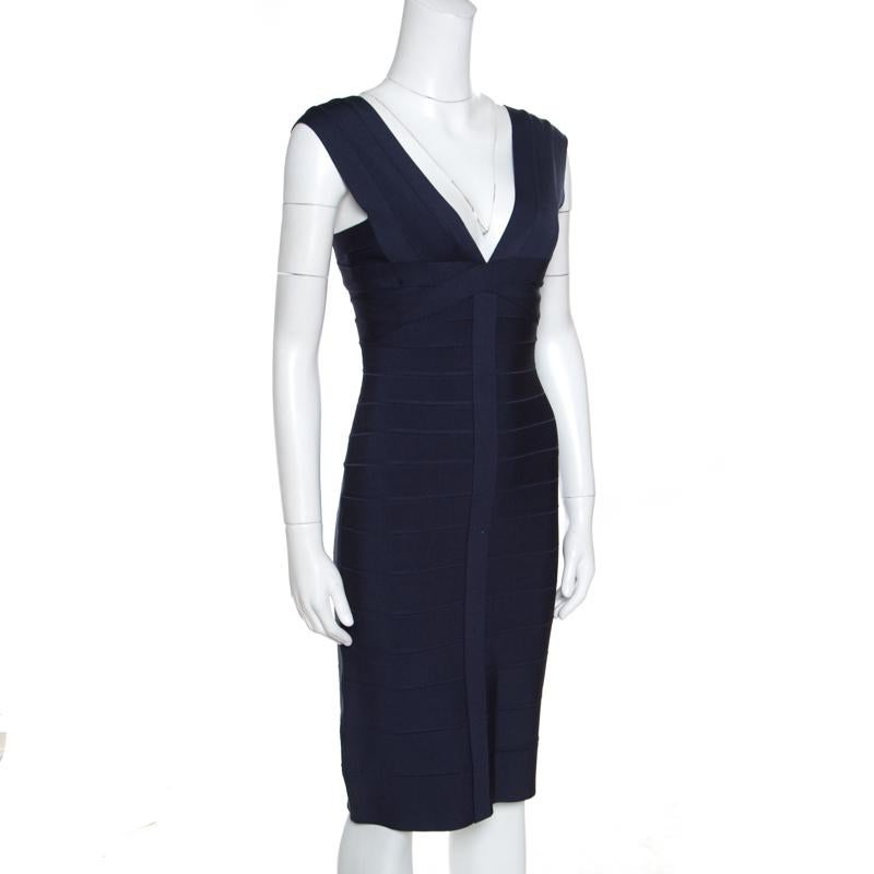 Whether it is a day affair or a night event, you cannot go wrong with this simple yet elegant night blue creation from Herve Leger. Ingeniously crafted from bandages, the rayon blend dress features horizontal stripes and a deep V-neckline. On the