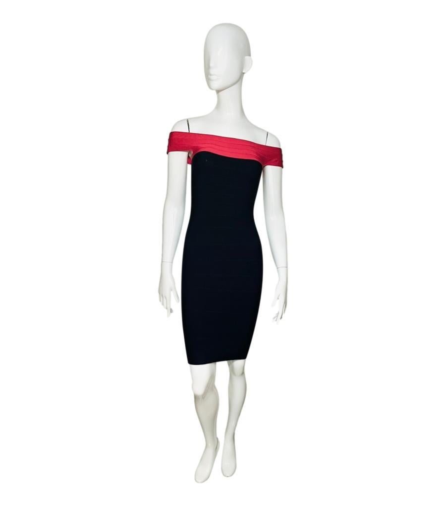 Herve Leger Off-Shoulder Bandage Dress

Black bodycon dress detailed with off-shoulder strap detail in pink.

Featuring above-the-knee length and zip closure to rear.

Size – XXS

Condition – Very Good

Composition – 90% Rayon, 9% Nylon, 1% Spandex