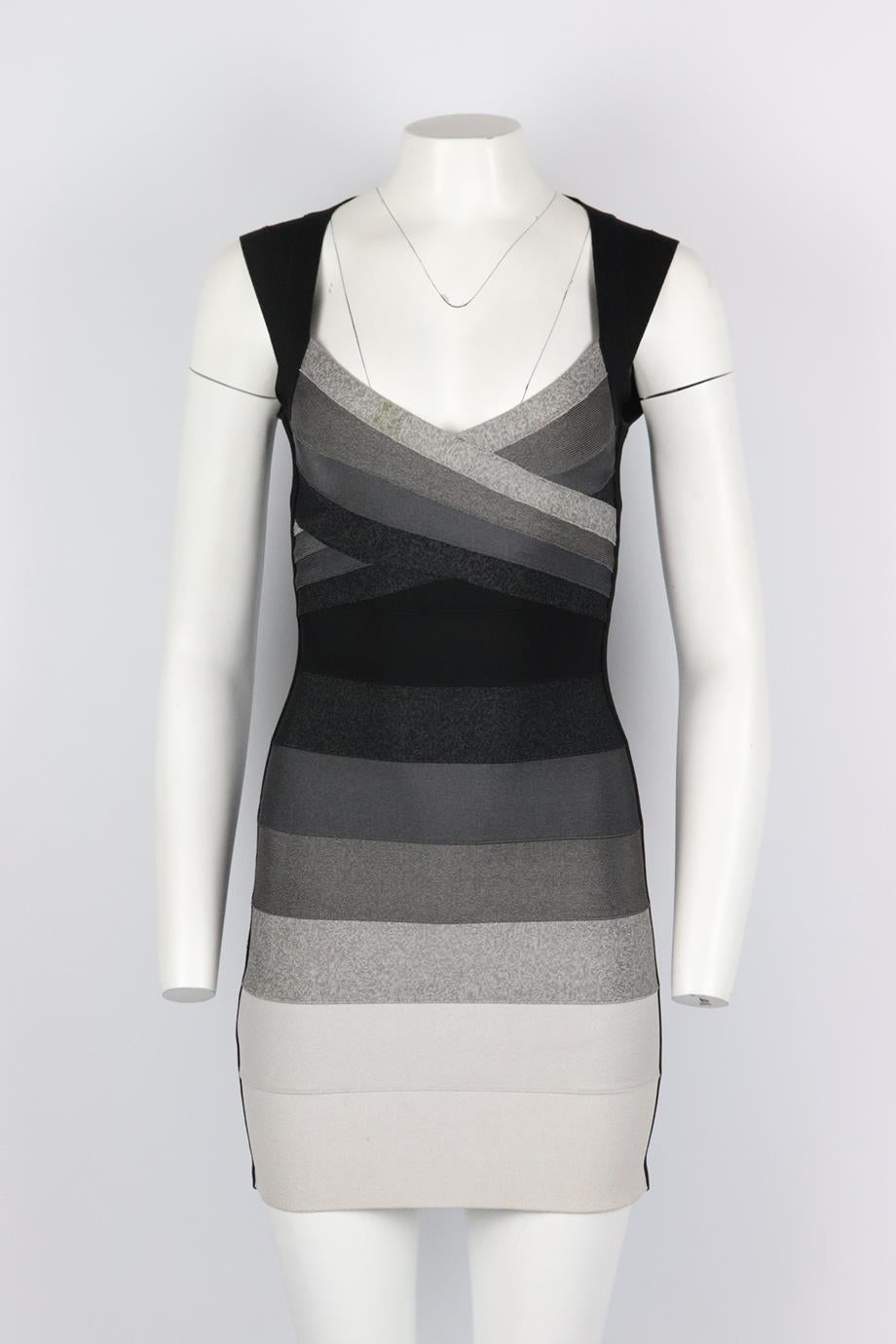 Herve Leger ombré bandage mini dress. Black and grey. Sleeveless, v-neck. Zip fastening at back. 90% Nylon, 9% nylon, 1% spandex. Size: Small (UK 8, US 4, FR 36, IT 40). Bust: 30 in. Waist: 25 in. Hips: 31.2 in. Length: 32.1 in. Good condition -