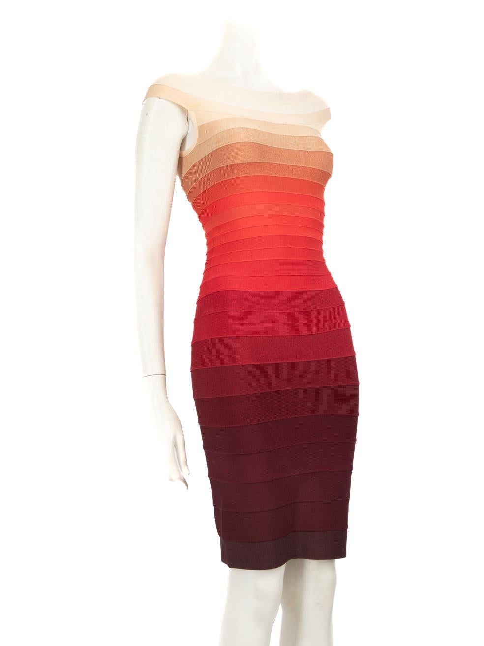 CONDITION is Very good. Minimal wear to dress is evident. Minor discolour mark on the front near the bust on the right side on this used Herve Leger designer resale item.
 
 
 
 Details
 
 
 Model: Bridget
 
 Multicolour- red and mahogany ombré
 
