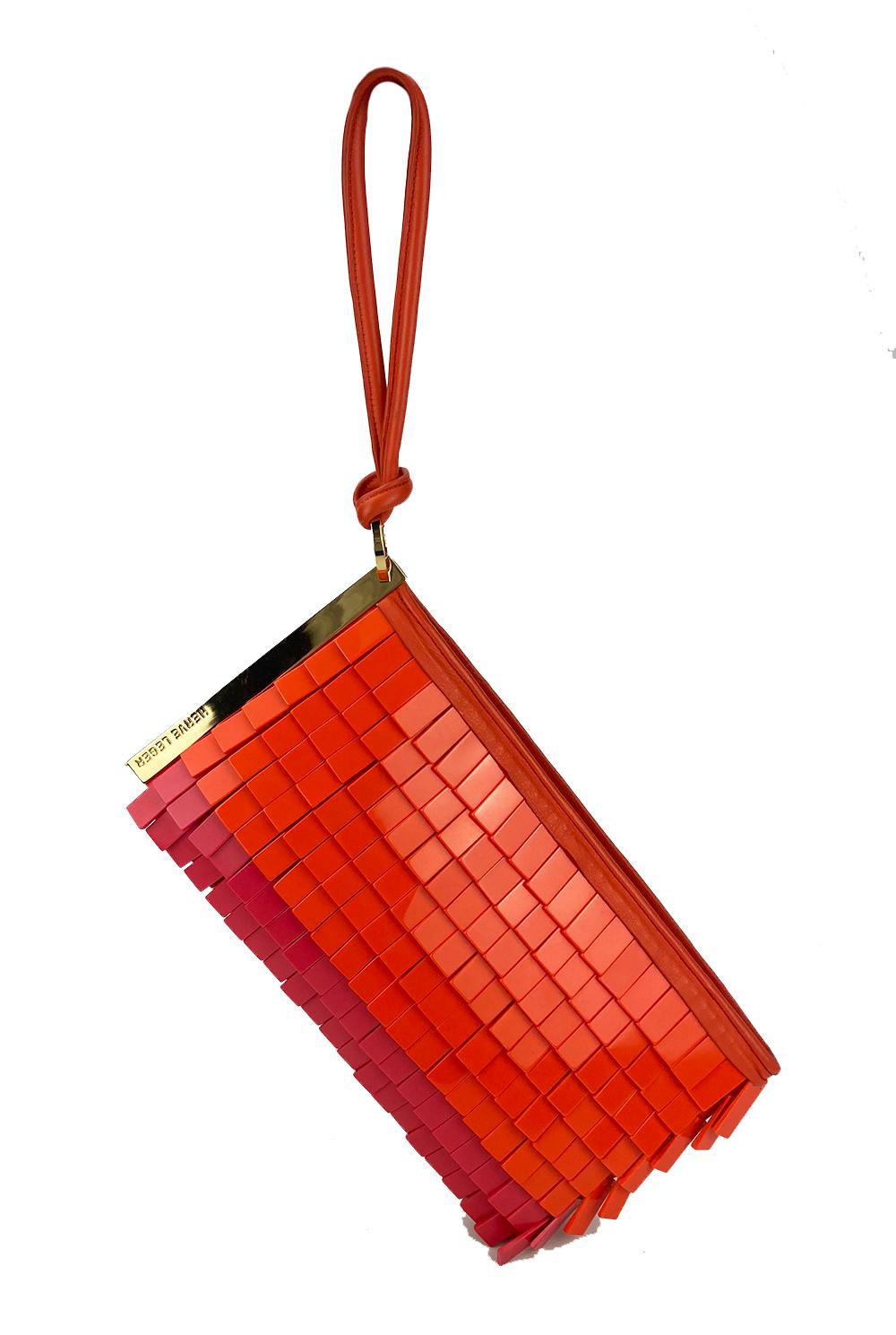 Herve Leger Orange and Pink Acrylic Chip Fringe Clutch In Excellent Condition For Sale In Philadelphia, PA
