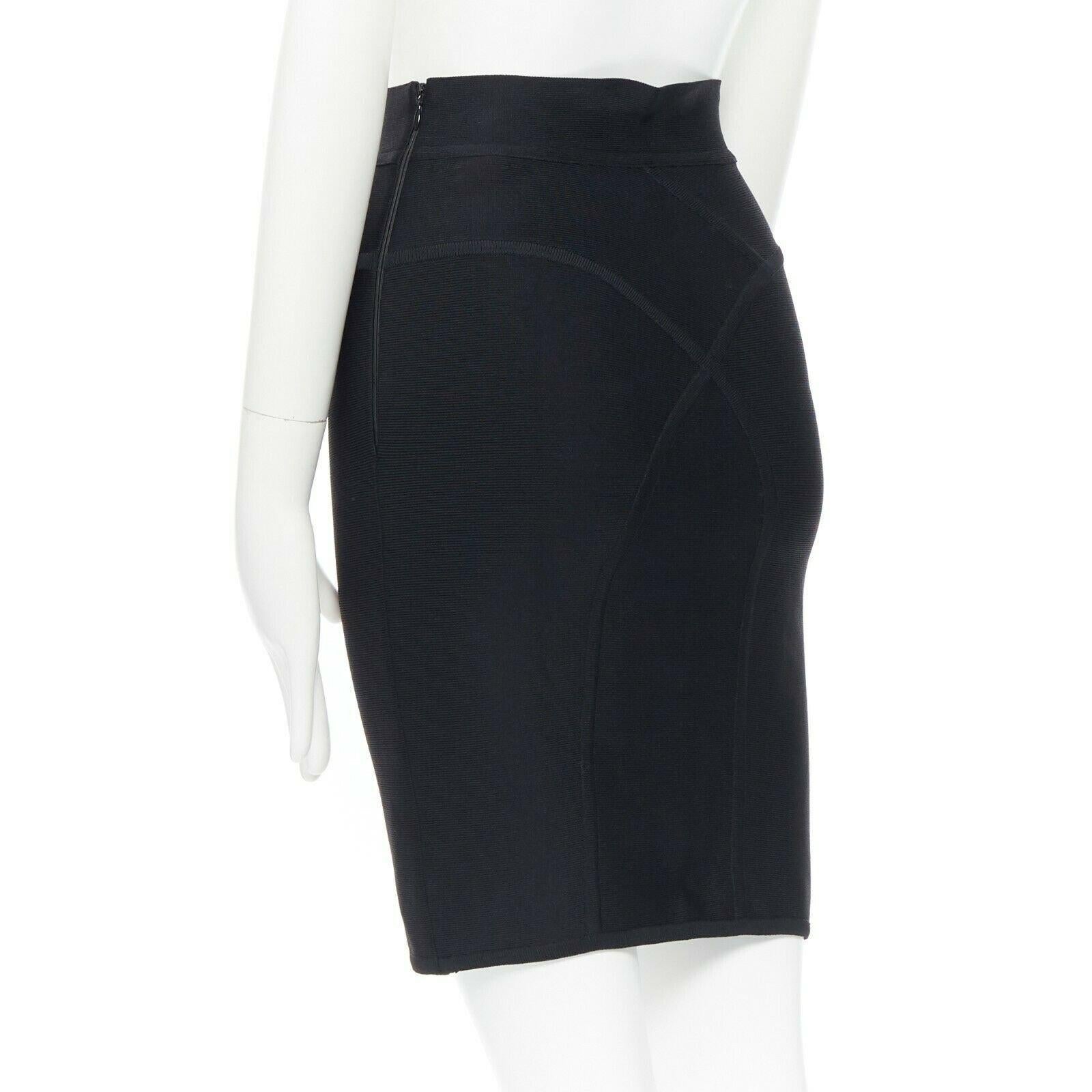 HERVE LEGER PARIS black body-conscious stretchable piping bandage pencil skirt S 
Reference: LNKO/A01178 
Brand: Herve Leger 
Material: Viscose 
Color: Black 
Closure: Zip 
Extra Detail: Bandage pencil skirt. Body defined piping. Stretchable fabric.