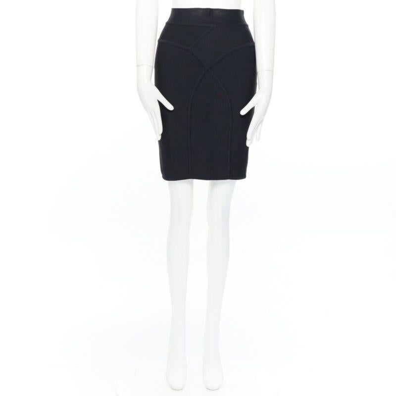 Black HERVE LEGER PARIS black body-conscious stretchable piping bandage pencil skirt S For Sale