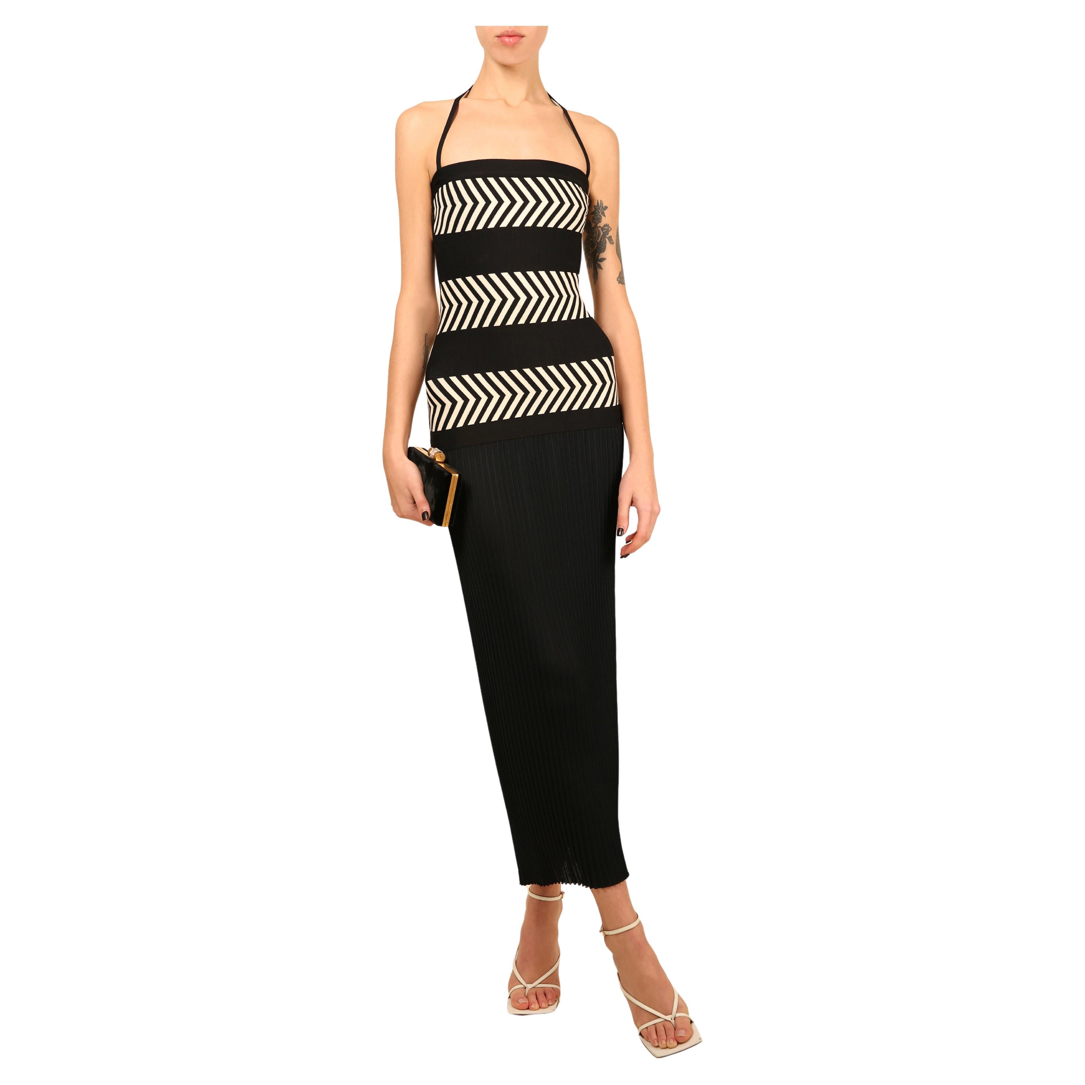 Herve Leger Paris vintage black white ivory bandage body con halter dress XS For Sale