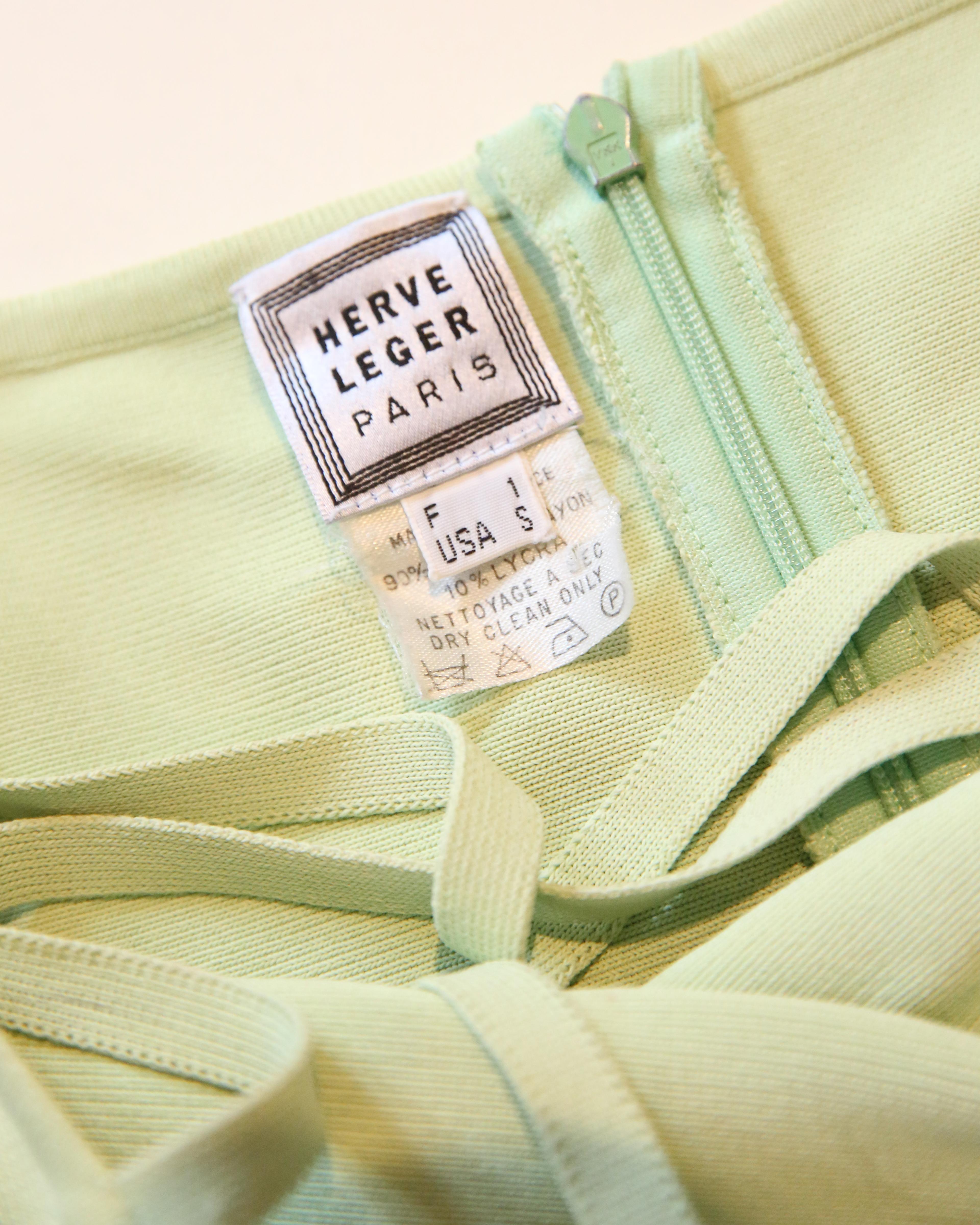 Herve Leger Paris vintage body con green cross over strappy halter mini dress S For Sale 7