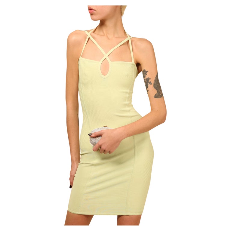 Herve Leger Paris Vintage Body Con Green Cross Over Strappy Halter Mini Dress S