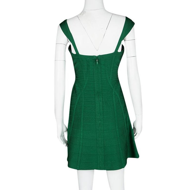 Herve Leger Pine Green Fit and Flare Sleeveless Mayra Dress M For Sale ...