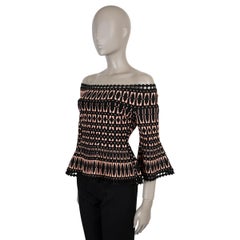 HERVE LEGER Top rosa e nero in rayon, maglia jacquard geometrica, spalle scoperte, taglia L
