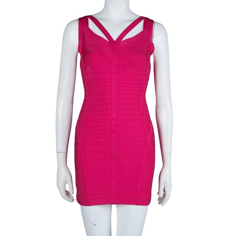 Herve Leger Pink Knit Sleeveless Bandage Dress S In Good Condition In Dubai, Al Qouz 2