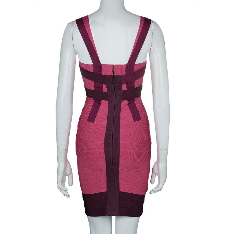 Herve Leger Pink Knit Tonal Panel Detail Double Strap Bandage Dress S In Good Condition In Dubai, Al Qouz 2