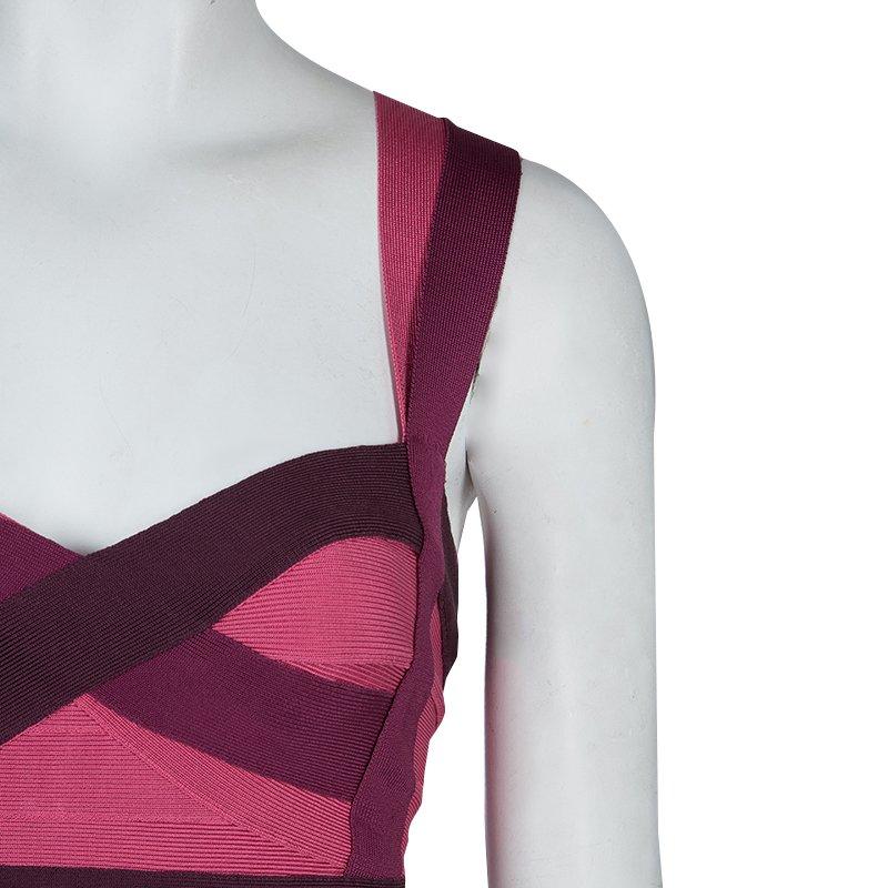 Women's Herve Leger Pink Knit Tonal Panel Detail Double Strap Bandage Dress S