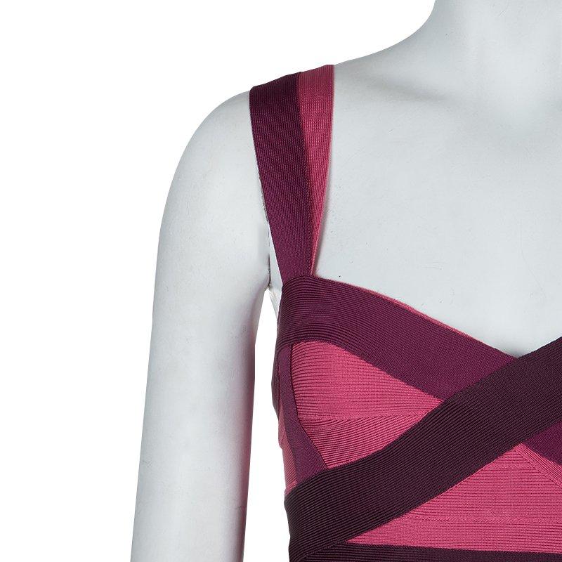 Herve Leger Pink Knit Tonal Panel Detail Double Strap Bandage Dress S 1