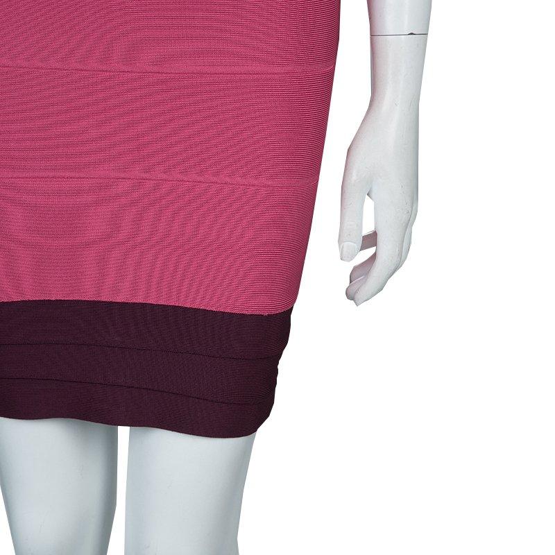Herve Leger Pink Knit Tonal Panel Detail Double Strap Bandage Dress S 2