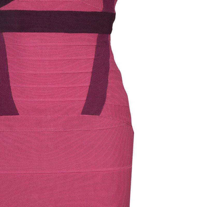 Herve Leger Pink Knit Tonal Panel Detail Double Strap Bandage Dress S 3