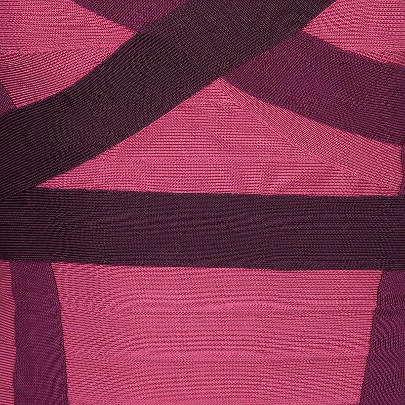 Herve Leger Pink Knit Tonal Panel Detail Double Strap Bandage Dress S 4