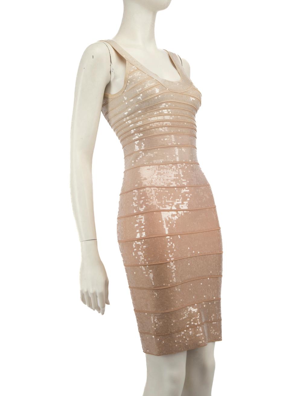 CONDITION is Very good. Minimal wear to the dress is evident, the brand label is slightly discoloured on this used Herve Leger designer resale item.
 
 Details
 Pink
 Viscose
 Dress
 Sequinned embellishment
 Bodycon
 Sleeveless
 Knee length
 Round