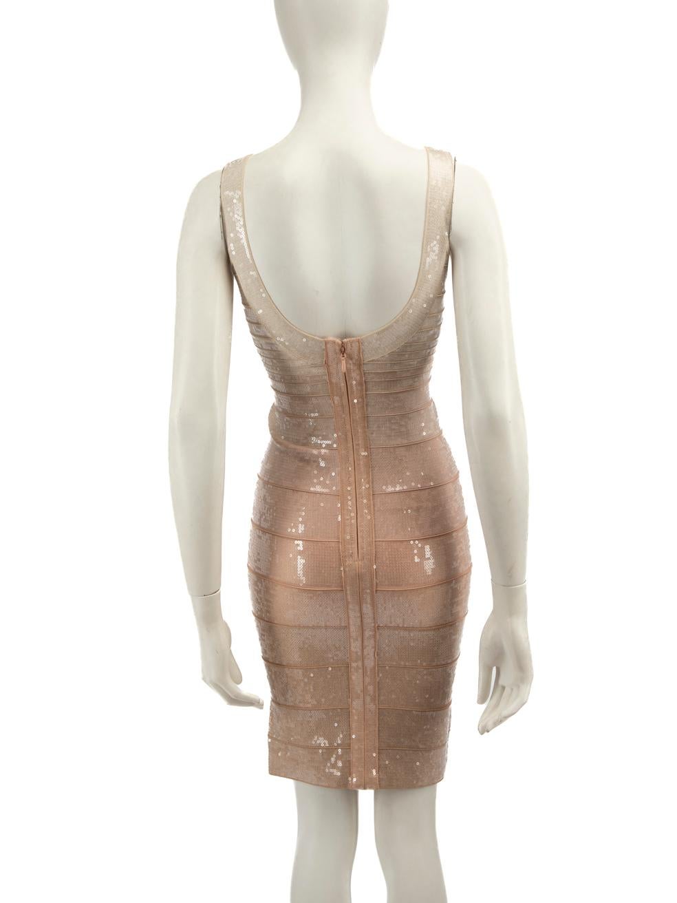 Beige Herve Leger Pink Sequinned Bandage Dress Size XS