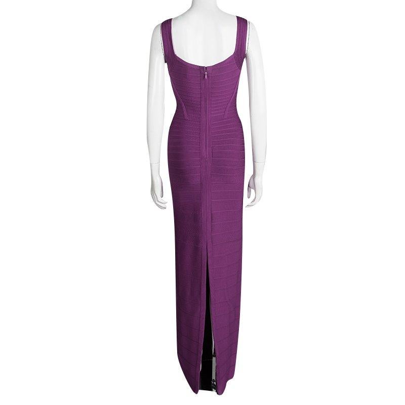Herve Leger brings to you this fabulous purple Donna Maxi dress suitable for all fashionable outings. Ingeniously crafted from knit bandages, the rayon blend dress features horizontal stripes. On the back is a concealed zip closure and a knee length