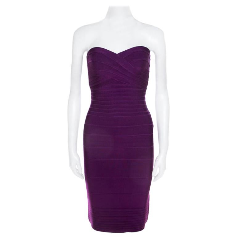 Herve Leger Purple Knit Strapless Signature Essential Dress XS