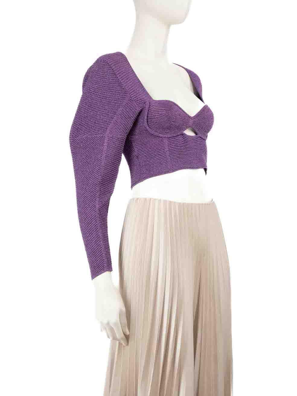 CONDITION is Very good. Minimal wear to top is evident. Some small pulls to the thread on the inside can be seen on this used Herve Leger designer resale item.
 
 
 
 Details
 
 
 Purple
 
 Viscose
 
 Top
 
 Metallic thread
 
 Cut out detail
 
