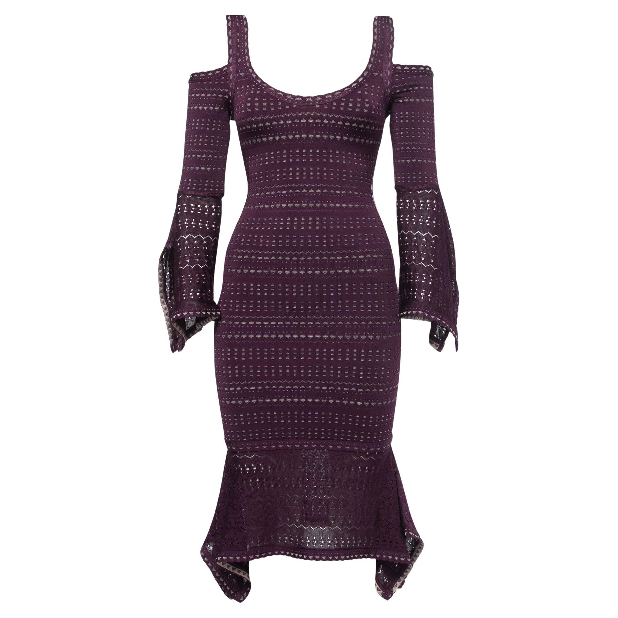 Herve Leger Purple Perforated Knit Cold Shoulder Bodycon Dress